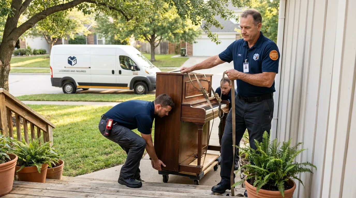Licensed piano movers securing grand piano in Sheldon, IA