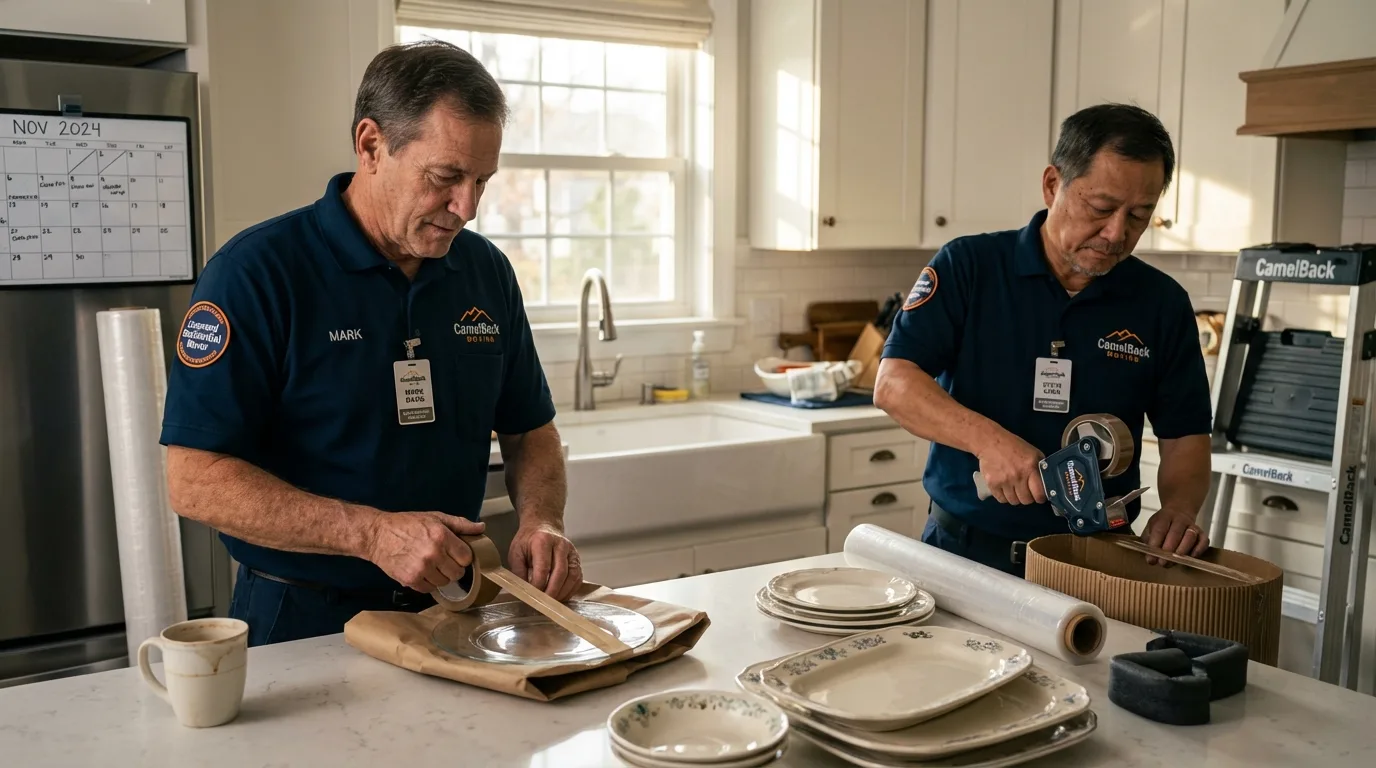 Professional crew packing kitchen dishware in Sheldon, IA